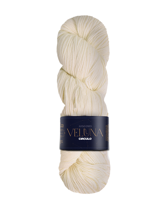 Skein of cream-colored yarn with a blue label on a white background