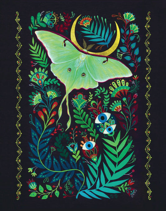 Art print by MHeld Illustration of a bright green luna moth with a crescent moon and witchy plants surrounding it
