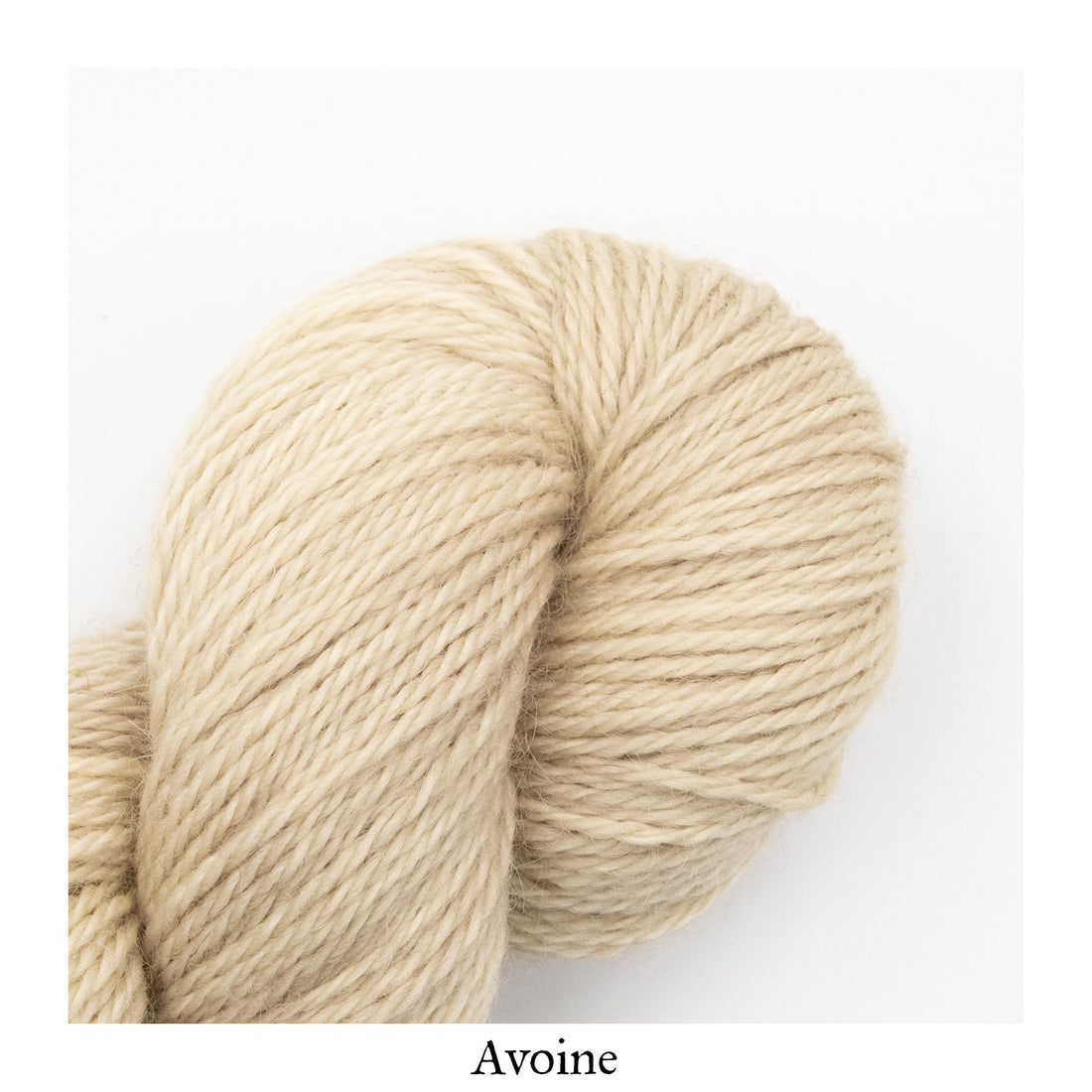 A close-up image of a skein of La Bien Aimee worsted weight yarn in a cream color labeled ‘Avoine’ against a white background.