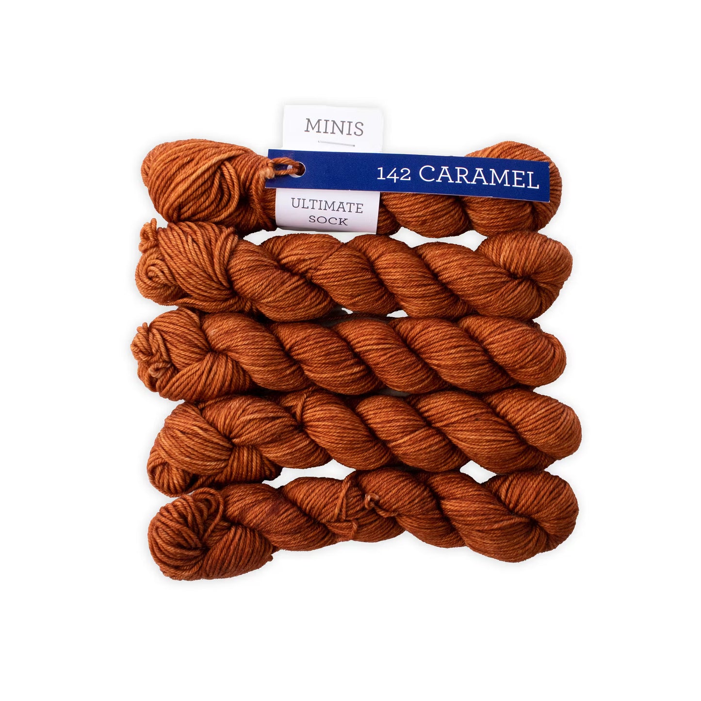Multiple mini skeins of Malabrigo Ultimate Sock fingering weight yarn in burnt orange color against a white background