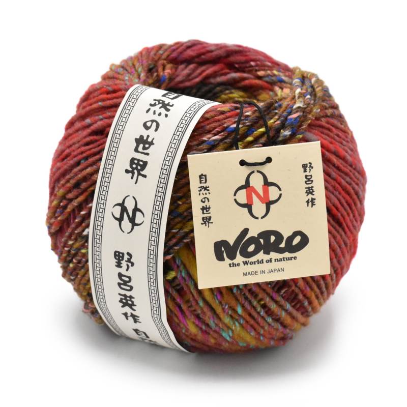 Multicolored skein of yarn with a Noro label on a white background