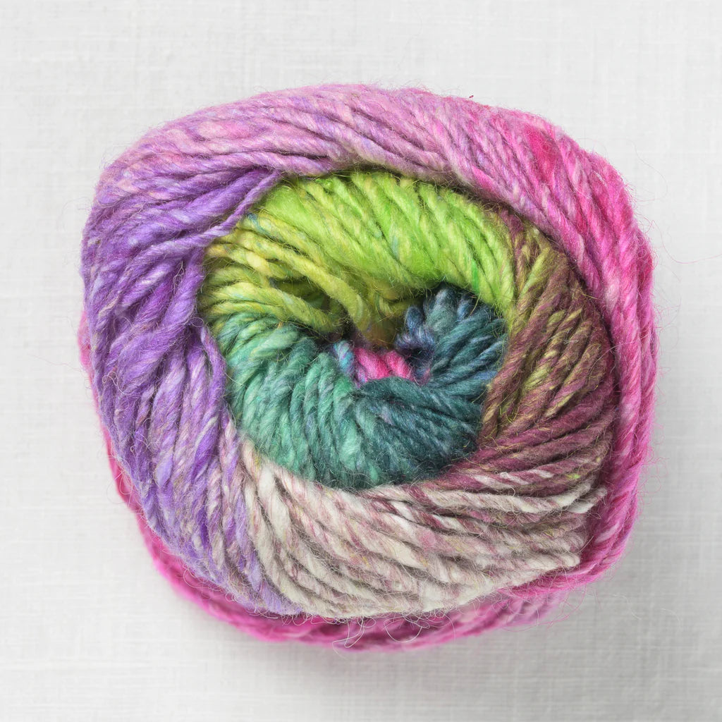 Multicolored yarn ball with green, purple and pink on a white background