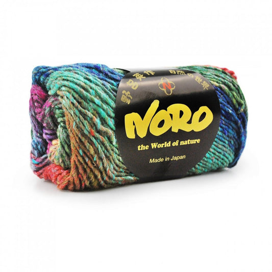 Multicolored yarn skein with Noro label on a white background