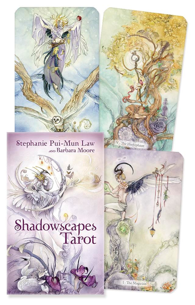 Shadowscapes Tarot cards with artwork and branding on a white background
