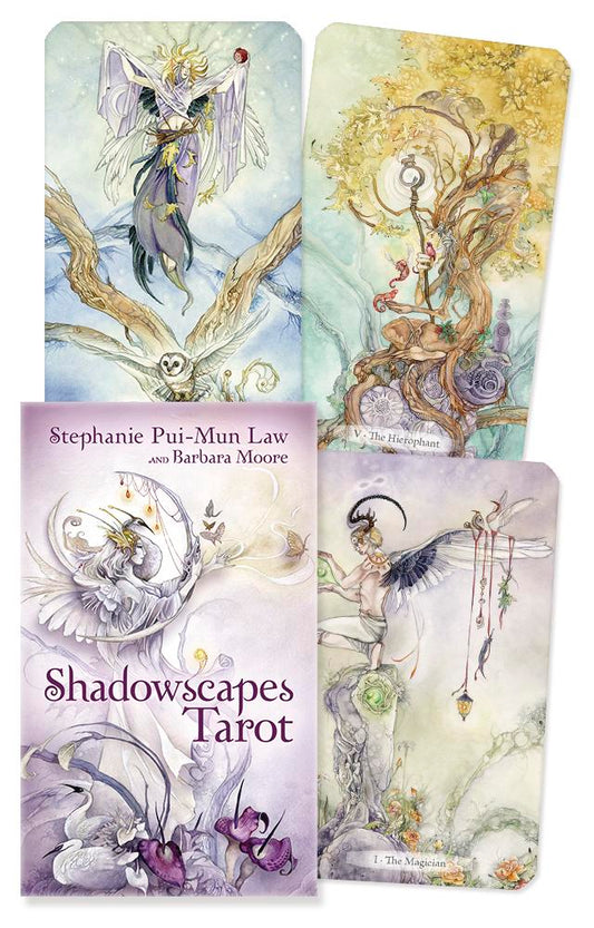 Shadowscapes Tarot cards with artwork and branding on a white background