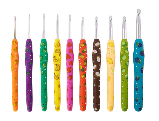 Set of colorful Circulo crochet hooks with patterned handles on a white background