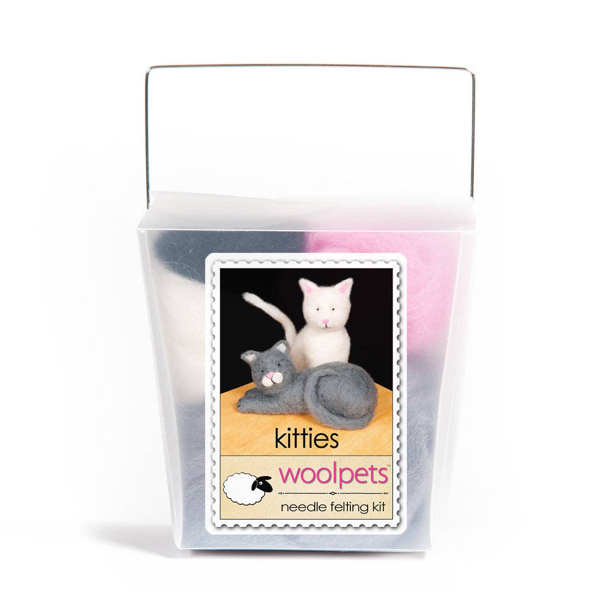 Woolpets Needle Felted Cats Kit with white and gray kitties in a cute takeout style box