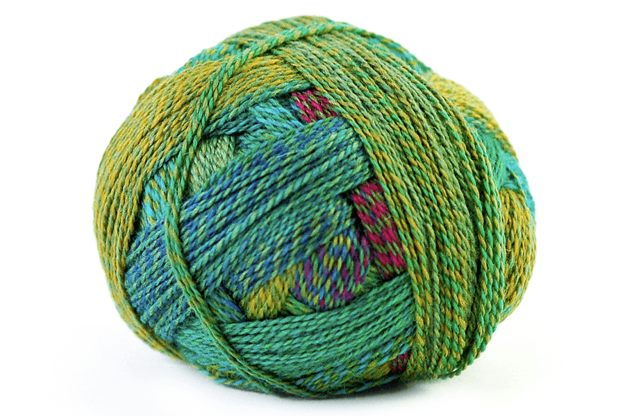 Multicolored skein of yarn on a white background