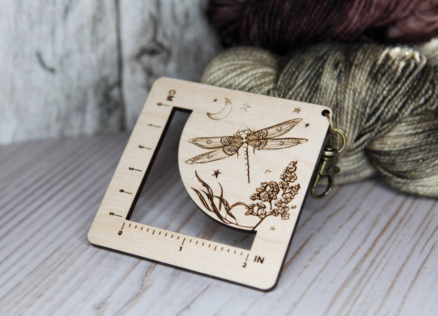 Dragonfly Moon Gauge Ruler in Maple & Bronze for Fiber Arts