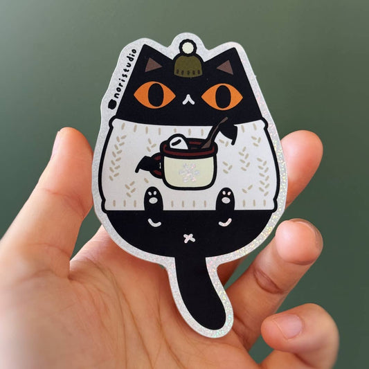 Black Cat in White Sweater Glitter Vinyl Sticker