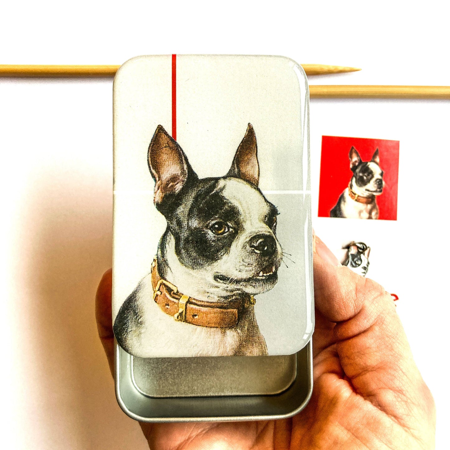 Boston Terrier notions tin: Large tin