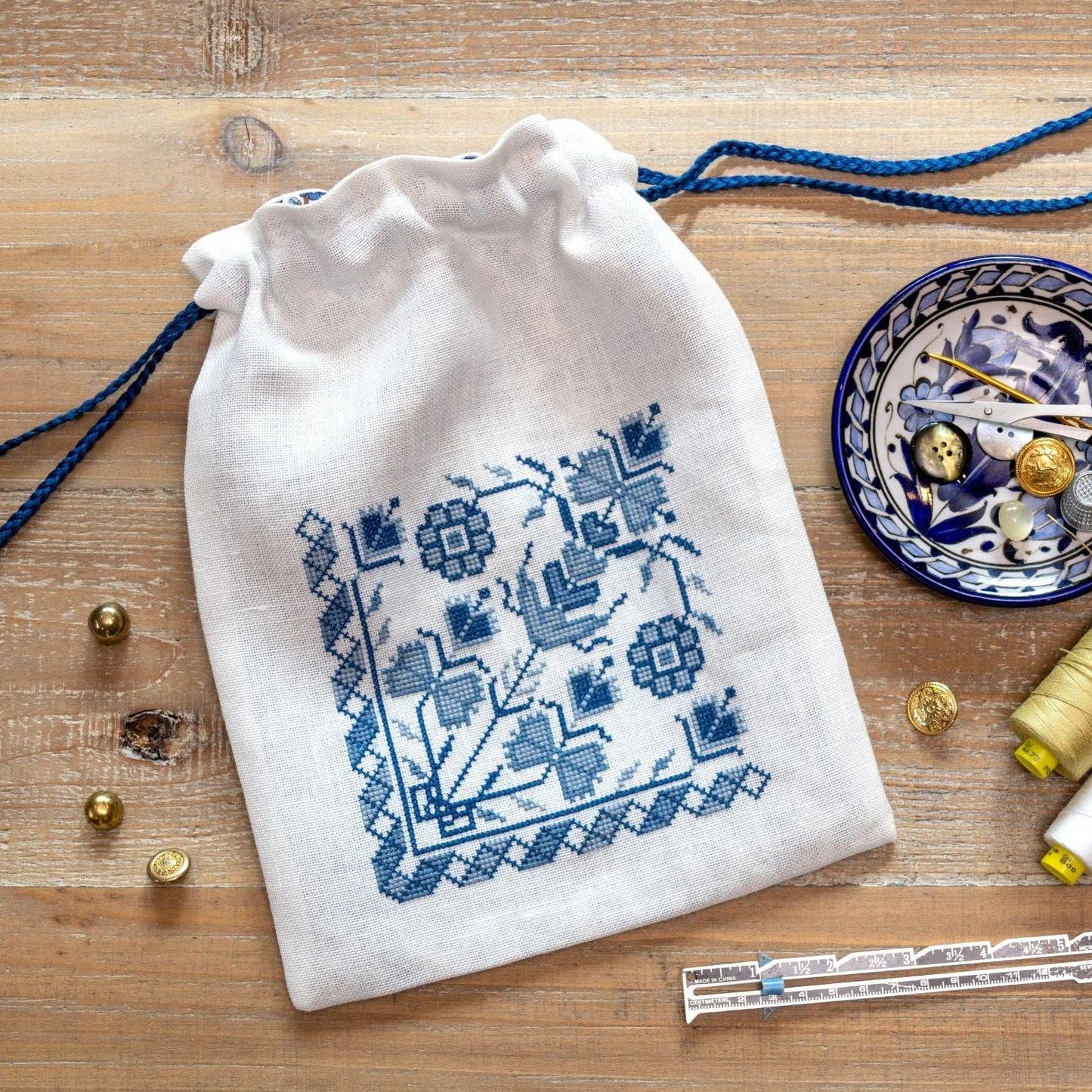 'NEW! Blue Indigo bag cross stitch folk embroidery kit