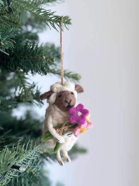 Sheep Holding Santa Ornament: Holding Flower