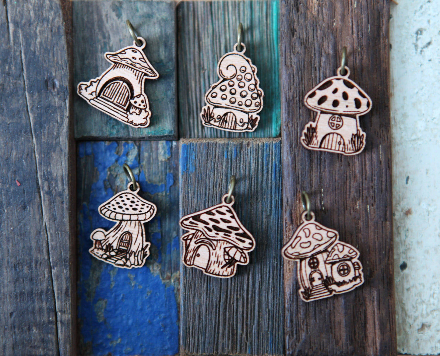 Cherry Wood Mushroom Houses Stitch Markers Set of 6