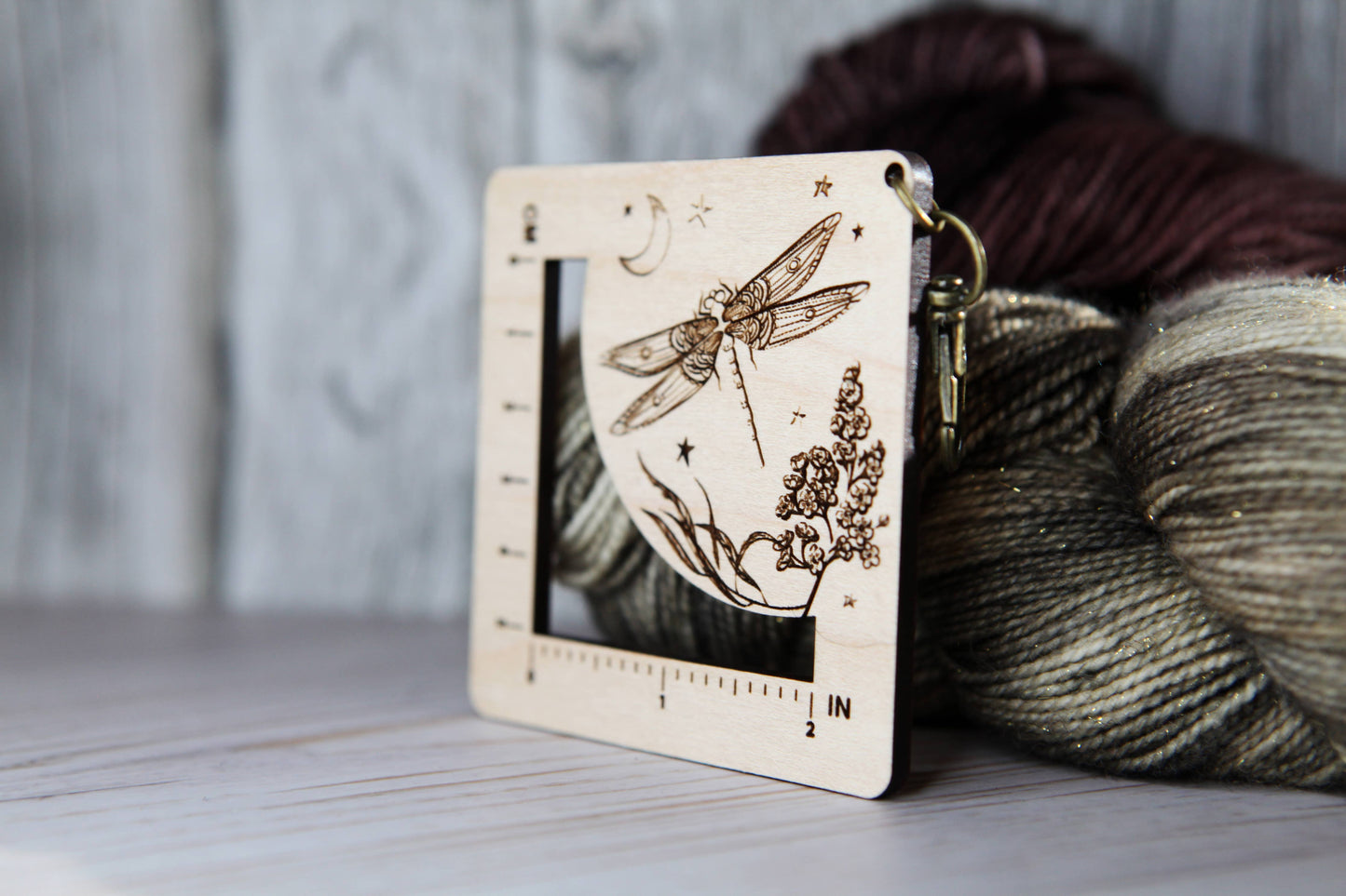 Dragonfly Moon Gauge Ruler in Maple & Bronze for Fiber Arts