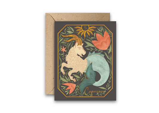 The Capricorn Zodiac Garden Gold Foil Greeting Card: Single