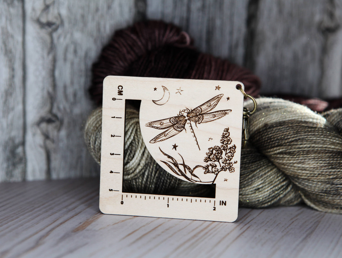 Dragonfly Moon Gauge Ruler in Maple & Bronze for Fiber Arts
