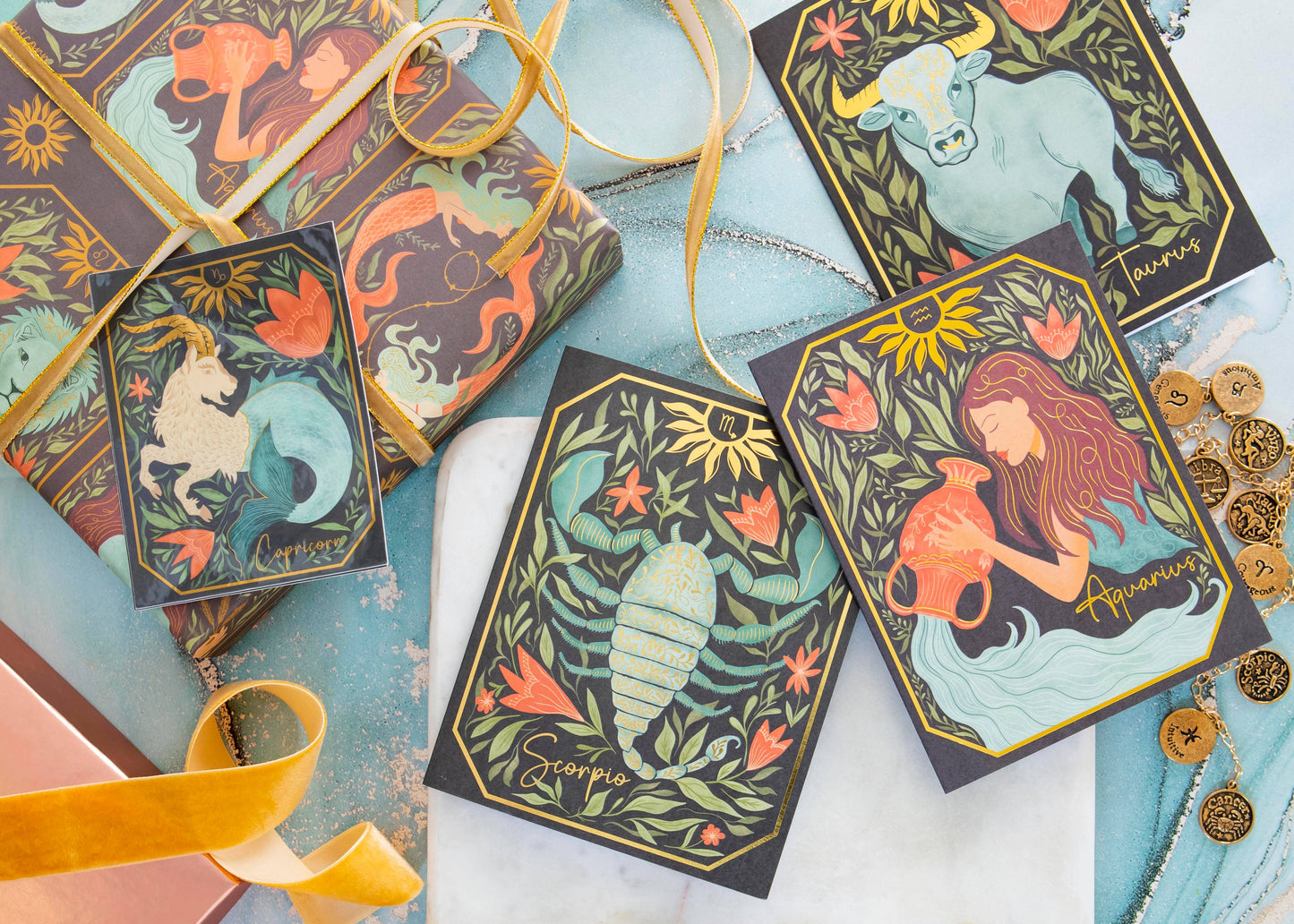 The Aquarius Zodiac Garden Gold Foil Greeting Card: Single