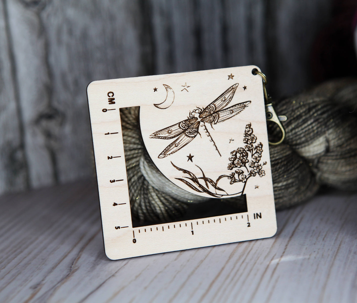 Dragonfly Moon Gauge Ruler in Maple & Bronze for Fiber Arts