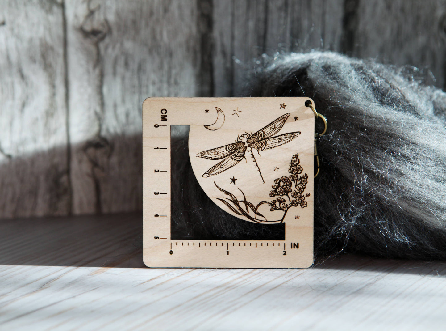 Dragonfly Moon Gauge Ruler in Maple & Bronze for Fiber Arts