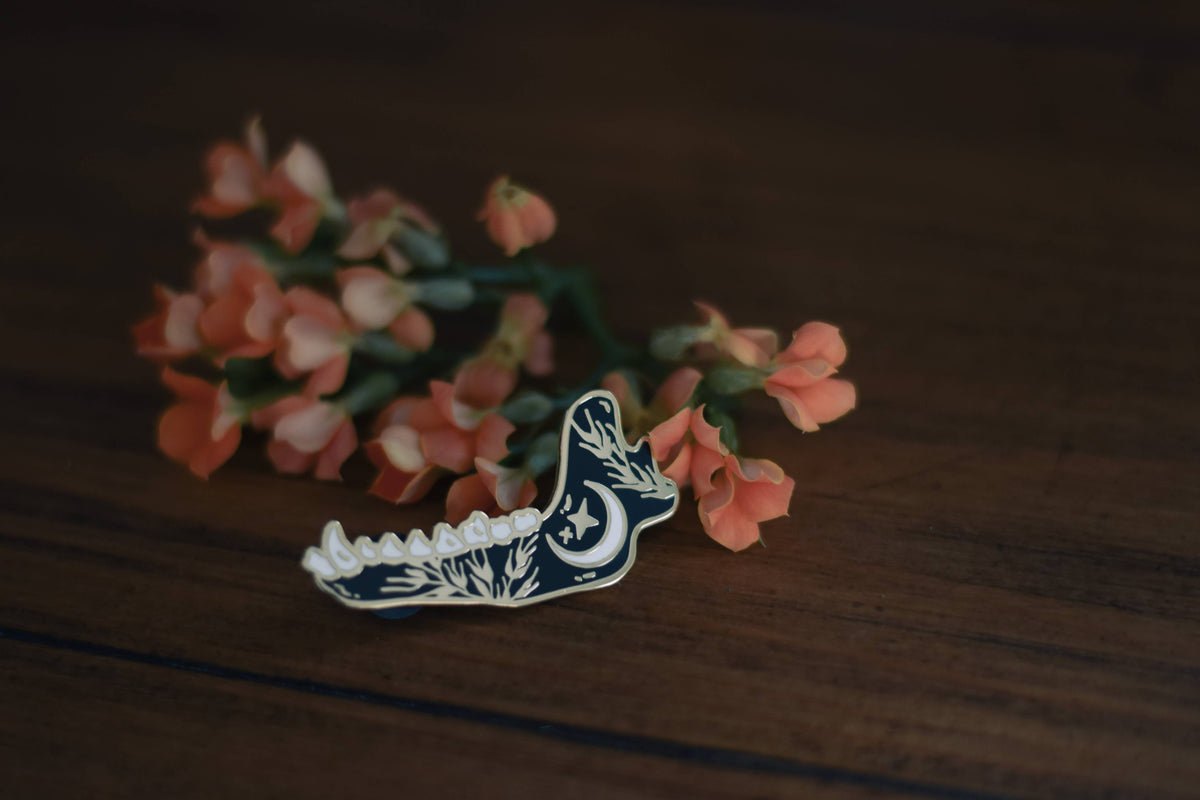 Wolf Jawbone hard enamel pin, witchy celestial gold lapel