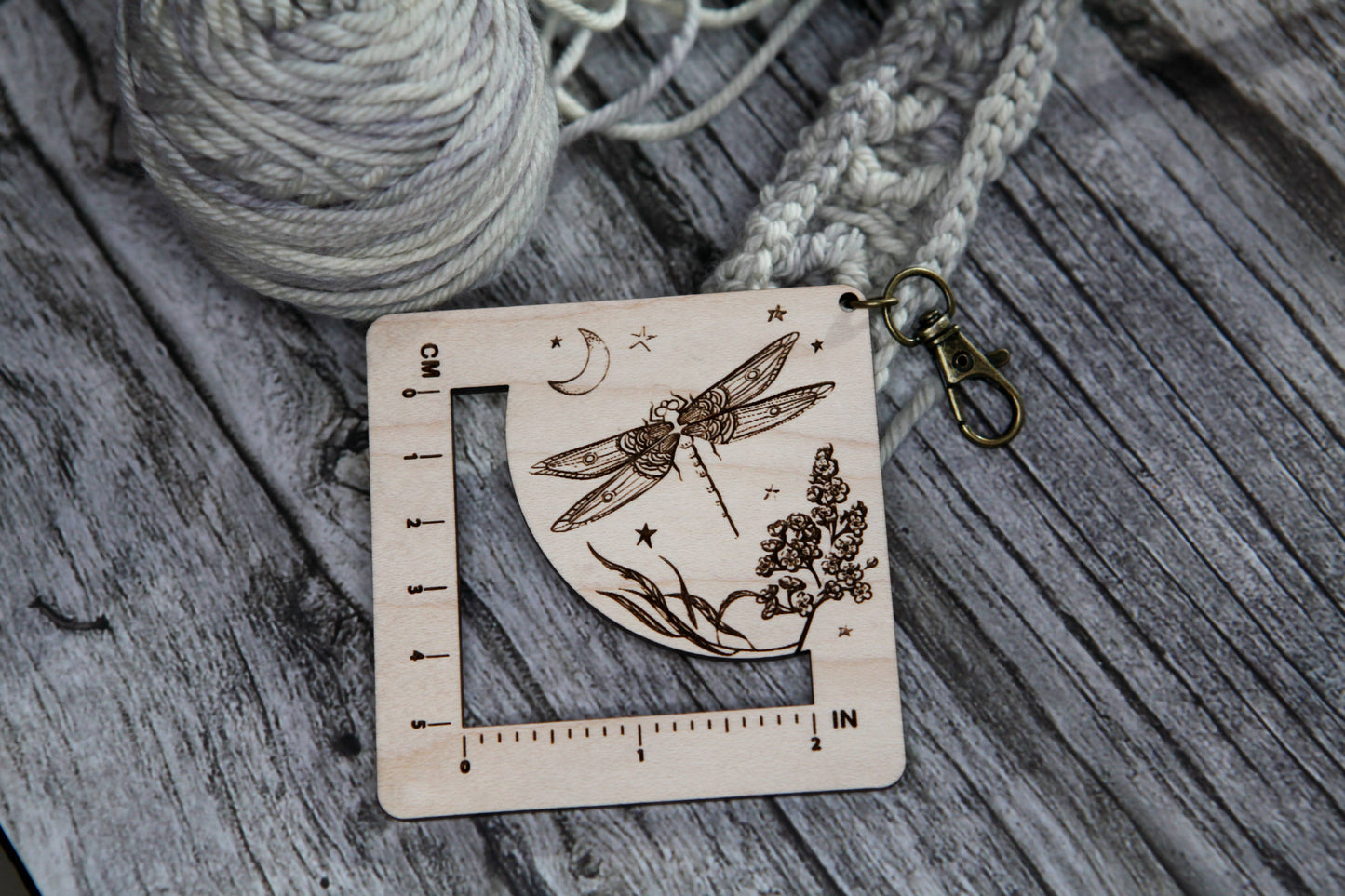 Dragonfly Moon Gauge Ruler in Maple & Bronze for Fiber Arts