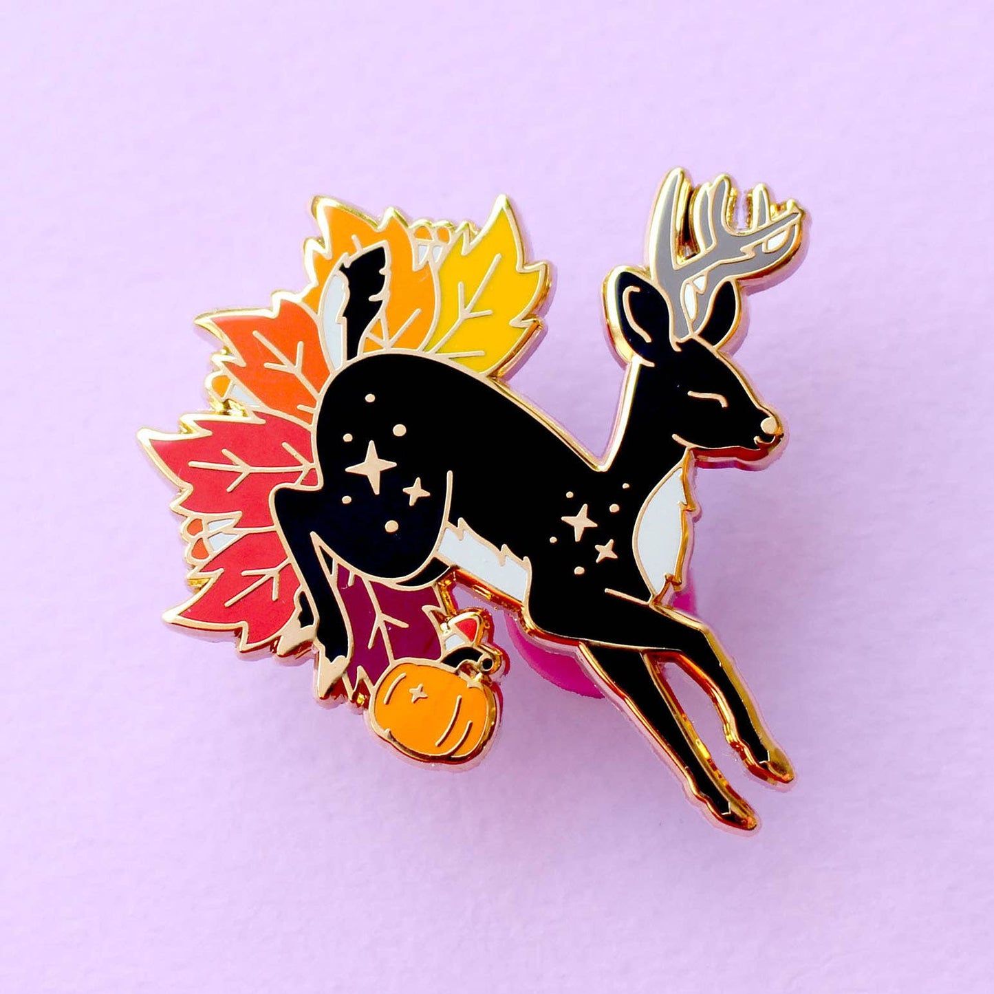 Autumn Fall Deer Enamel Pin; Jumping stag through autumn lea