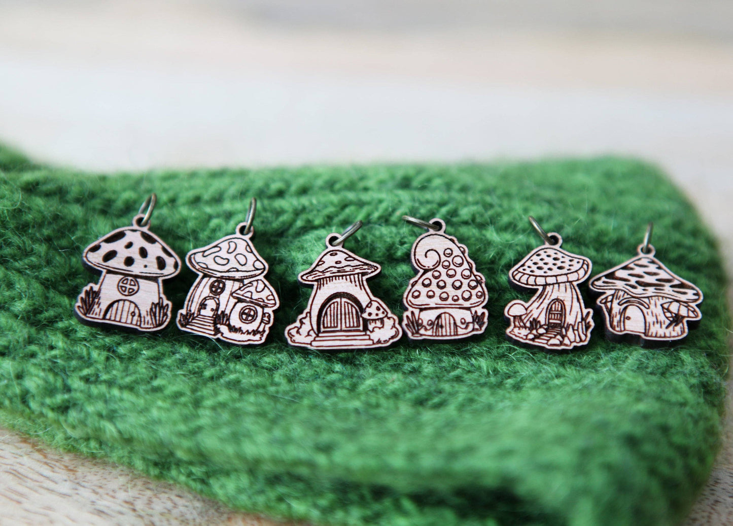 Cherry Wood Mushroom Houses Stitch Markers Set of 6