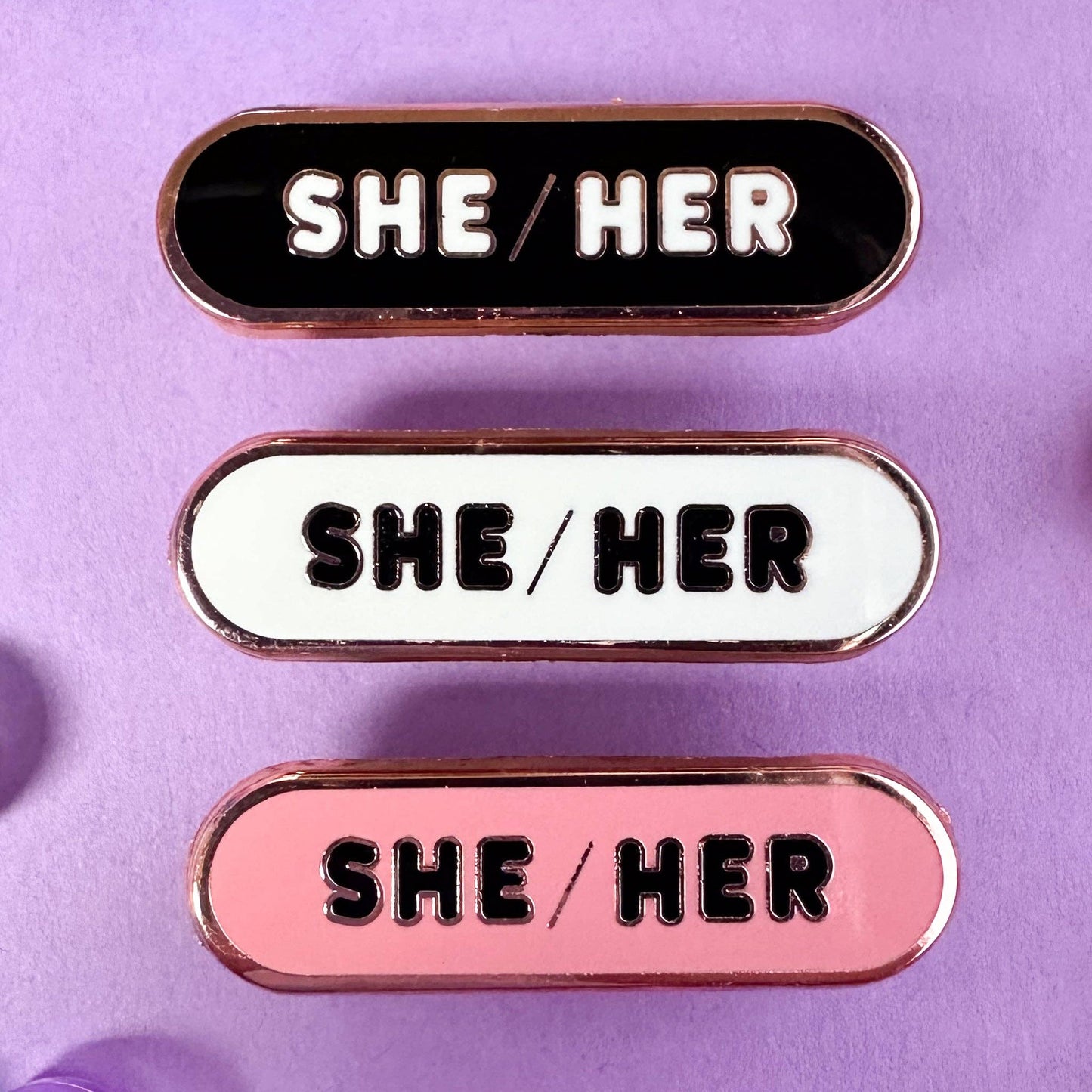 She/Her Pronoun Plaque Enamel Pin: Black