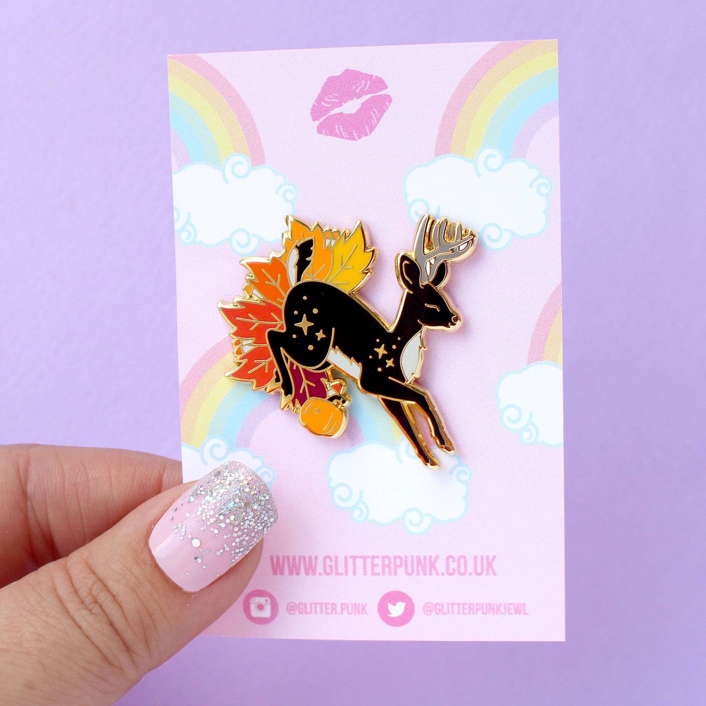 Autumn Fall Deer Enamel Pin; Jumping stag through autumn lea