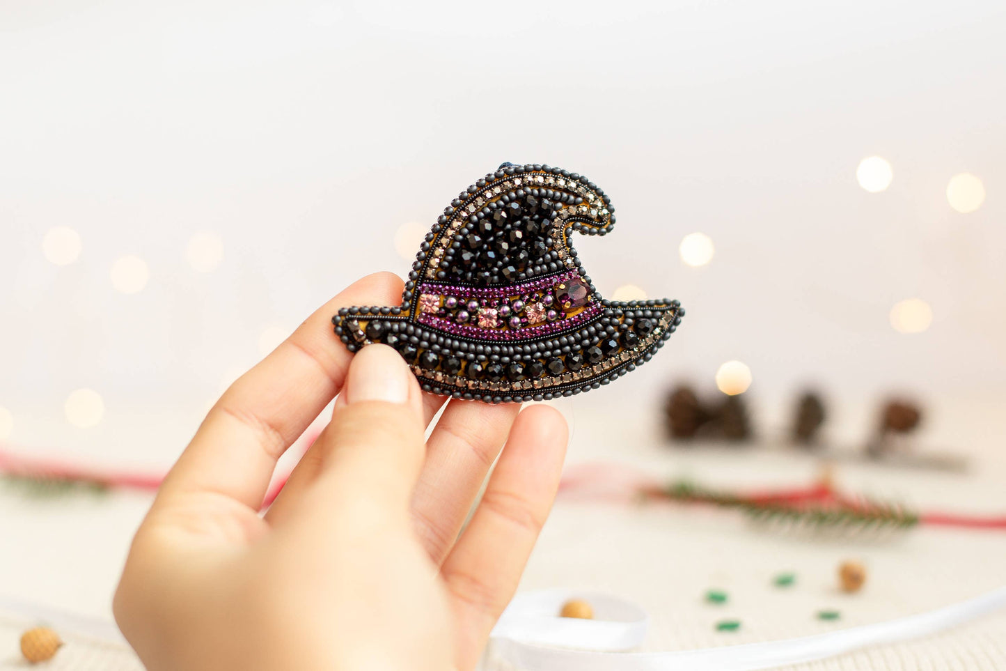 Witch Hat DIY Bead Embroidery Kit, Spooky Halloween Jewelry
