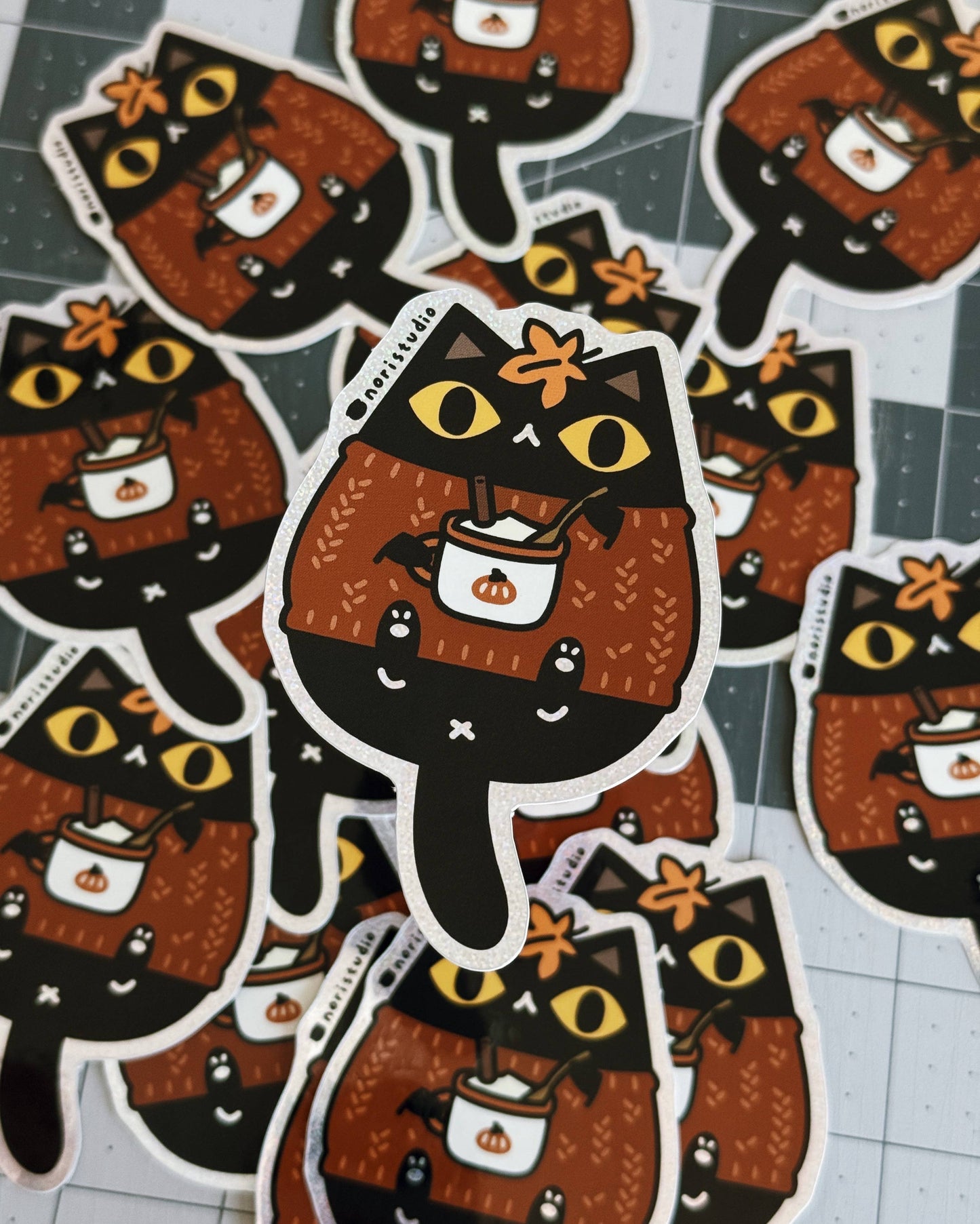 Black Cat in Orange Sweater Glitter Vinyl Sticker