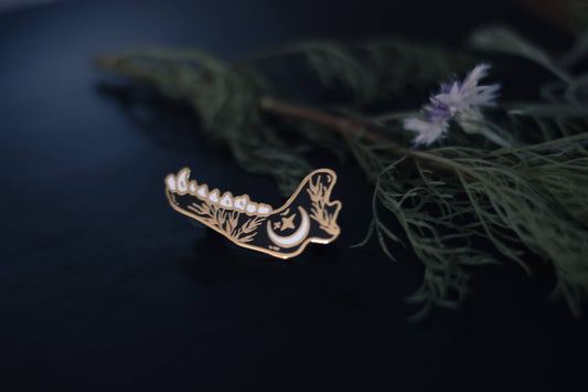 Wolf Jawbone hard enamel pin, witchy celestial gold lapel