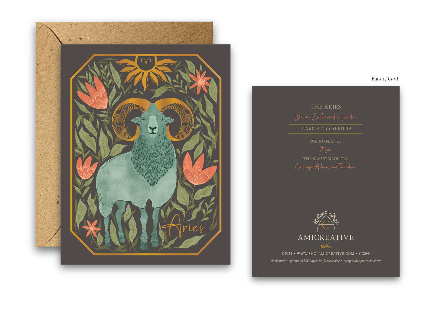 The Aries Zodiac Garden Gold Foil Greeting Card: Single