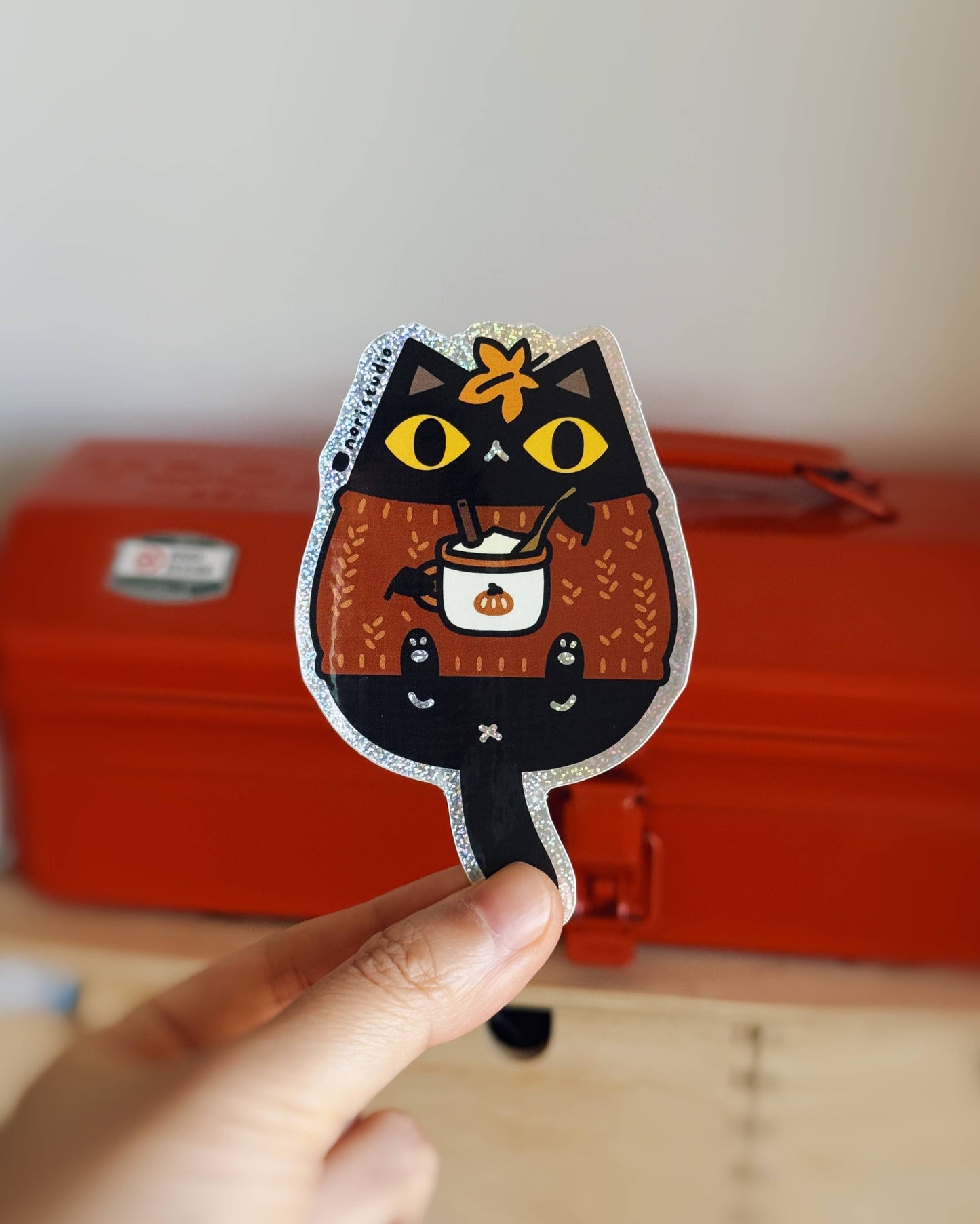 Black Cat in Orange Sweater Glitter Vinyl Sticker