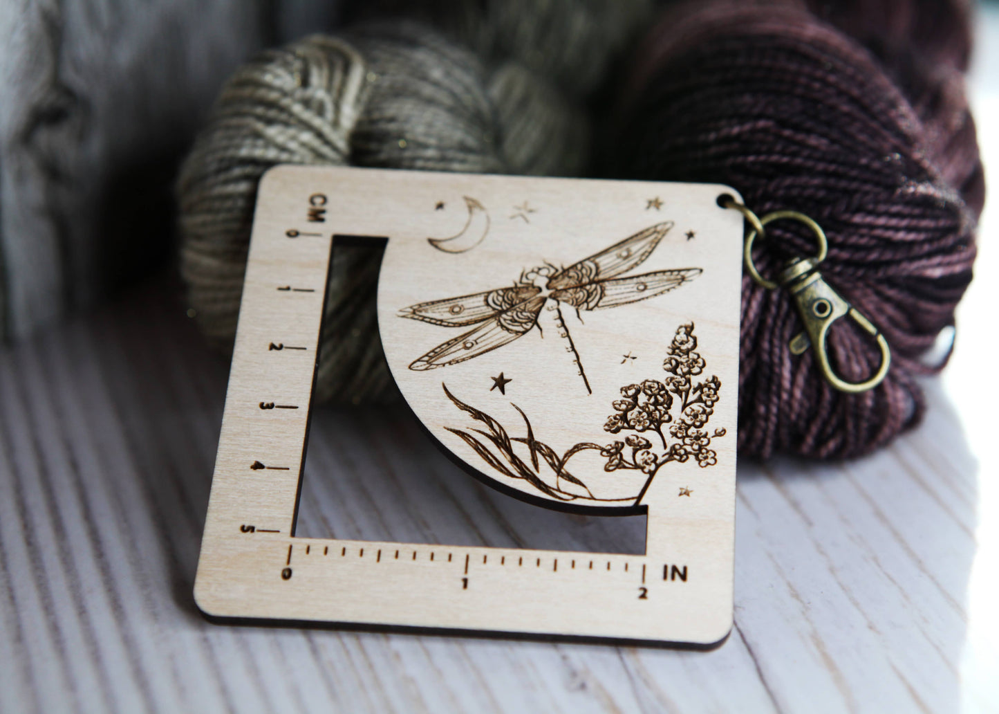 Dragonfly Moon Gauge Ruler in Maple & Bronze for Fiber Arts