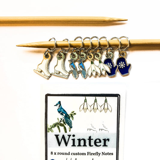 Winter Stitch Marker Pack: Ice skates, mittens, snow drops and blue jays
