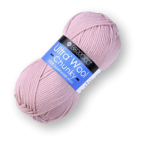 An image of a skein of pink yarn with a black and blue label saying ‘Berroco Ultra Wool Chunky’ against a white background. 