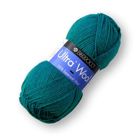 A skein of Berroco Ultra Wool yarn in teal color on a white background