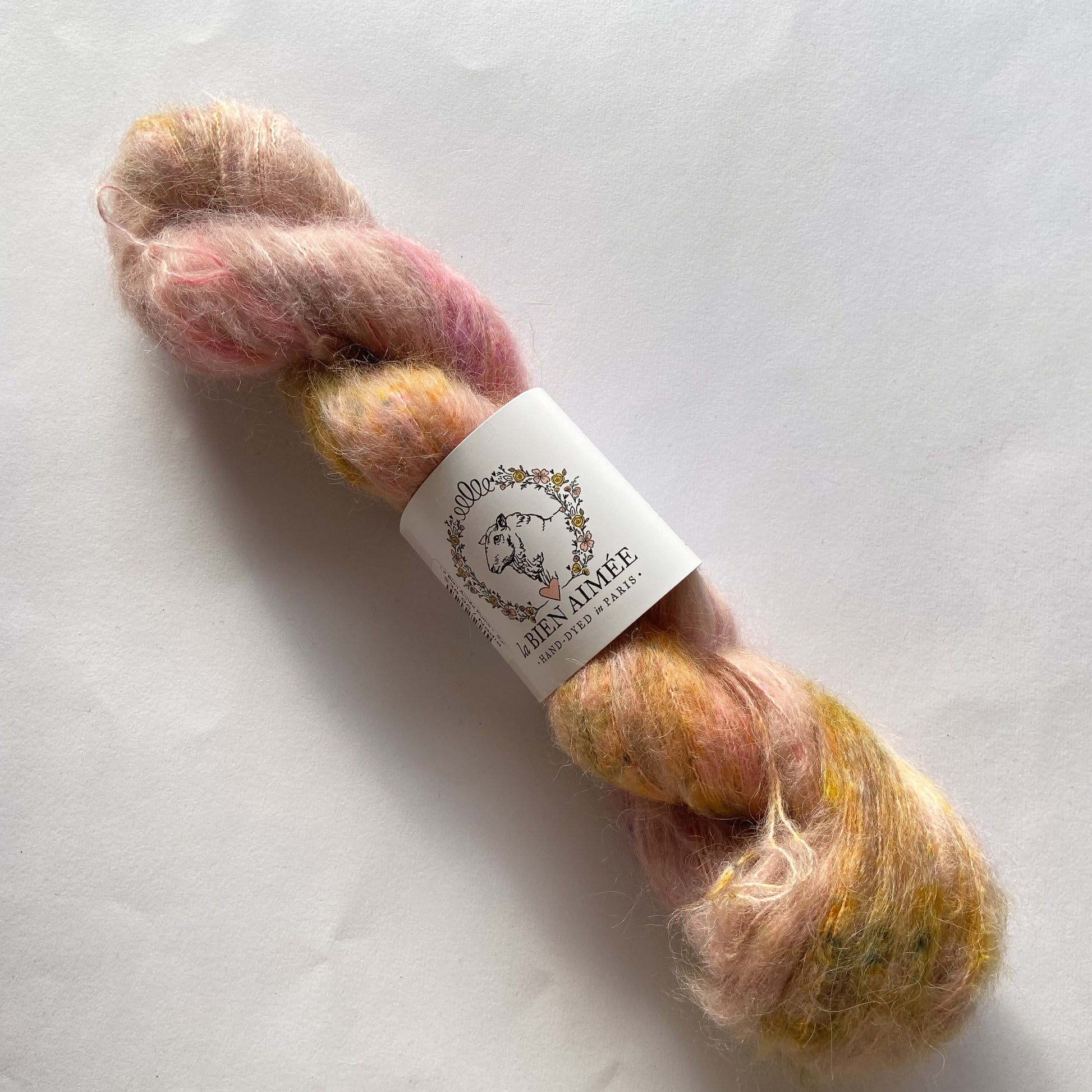 An image of a skein of lace weight yarn in shades of pink, orange, and  speckles of green with a white ‘La Bien Aimee’ label against a white background.