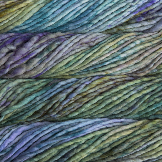 A close-up image of skeins of Malabrigo Rasta yarn in pale blue, green, and purple shades, displaying the texture and color variation.