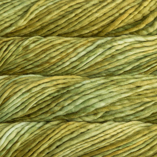 A close-up image of skeins of Malabrigo Rasta yarn in pale green, displaying the texture and color variation.