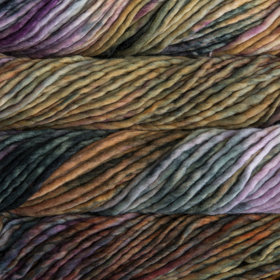 A close-up image of skeins of Malabrigo Rasta yarn in yellow, green, brown, and purple, displaying the texture and color variation.