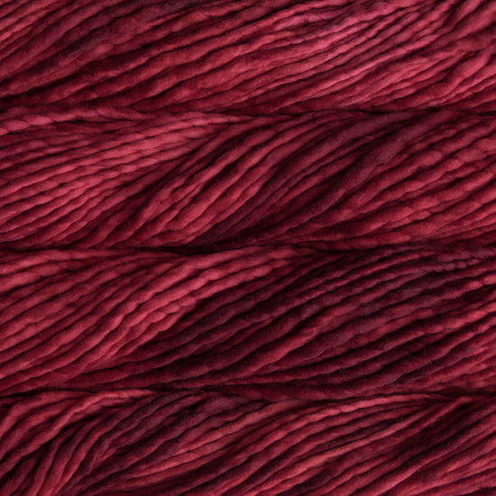 A close-up image of skeins of Malabrigo Rasta yarn in shades of red, displaying the texture and color variation.